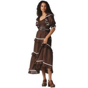 Anthropologie Puff Sleeve Scoop Neck Tiered Brown Ruffled Sundress Size Large